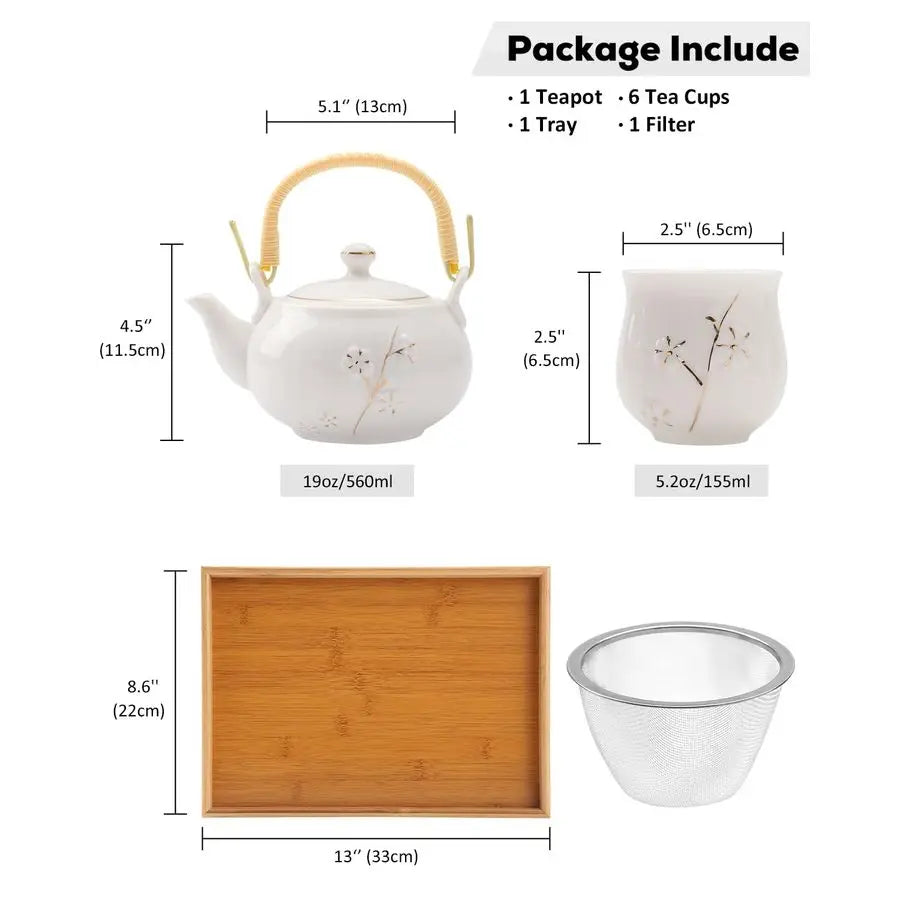 White Porcelain Tea Set with Tray