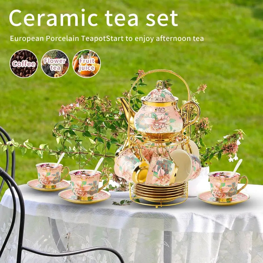European Porcelain Tea Set with Holder
